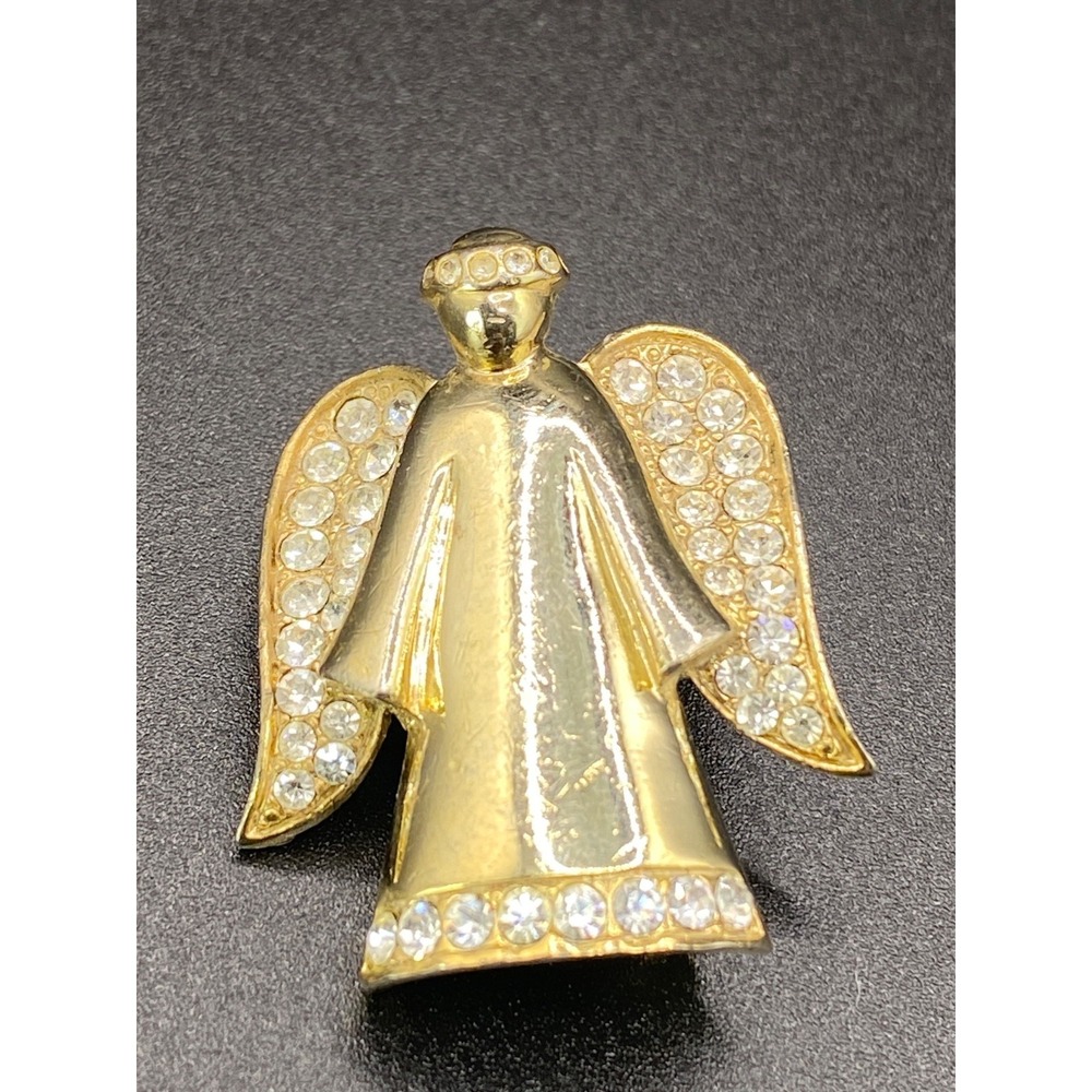 Vintage Monet Angel Brooch Rhinestone Wings Gold Tone